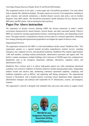 Term Paper Disaster Recovery Plandue Week 10 And Worth 200 P