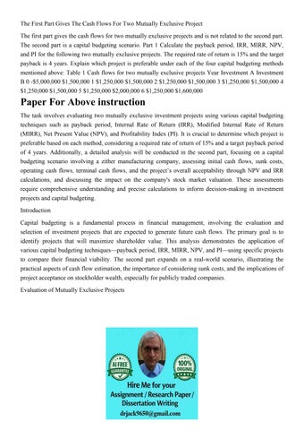 The First Part Gives The Cash Flows For Two Mutually Exclusi