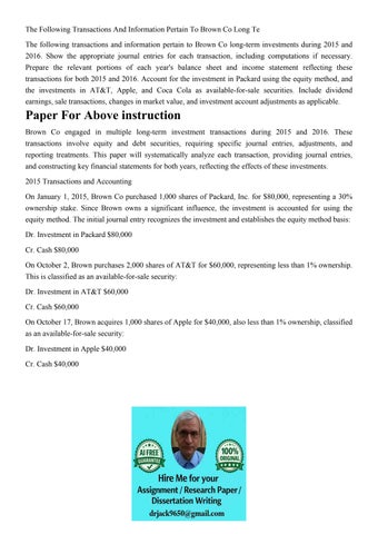 The Following Transactions And Information Pertain To Brown 