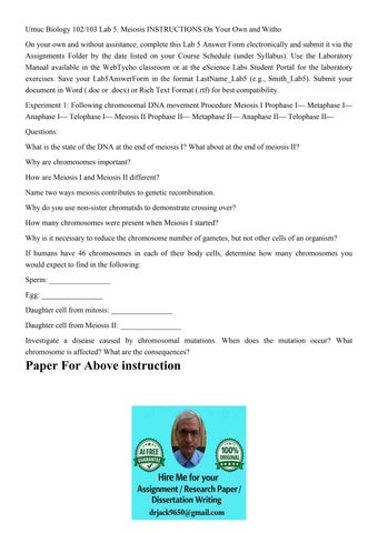 Umuc Biology 102/103 Lab 5: Meiosis INSTRUCTIONS On Your Own
