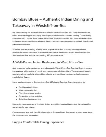 Bombay Blues – Authentic Indian Dining and Takeaway in Westcliff-on-Sea