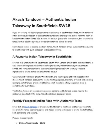 Akash Tandoori – Authentic Indian Takeaway in Southfields SW18