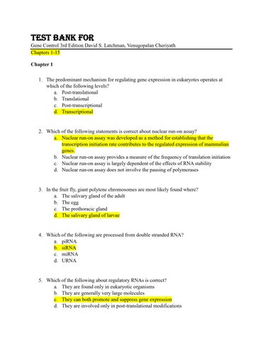 Test Bank For Gene Control 3rd Edition David S. Latchman, Venugopalan Cheriyath