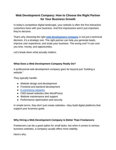 Web Development Company: How to Choose the Right Partner for Your Business Growth