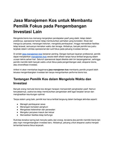 Jasa Manajemen Kos untuk Membantu Pemilik Fokus pada Pengembangan Investasi Lain