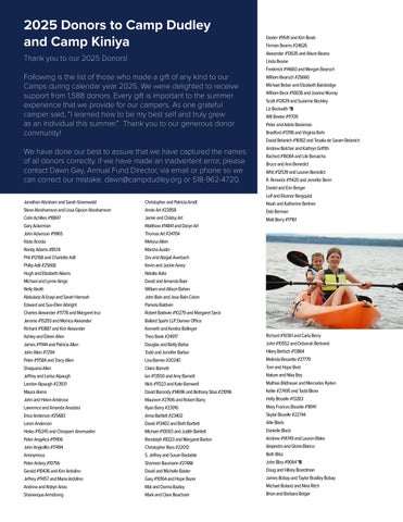 2025 Donors to Camp Dudley and Camp Kiniya
