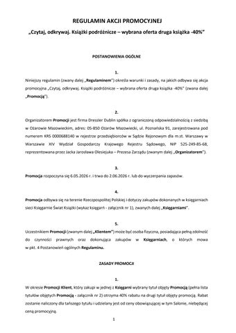 Regulamin Akcji: Czytaj, odkrywaj. Książki podróżnicze - wybrana oferta druga książka -40%
