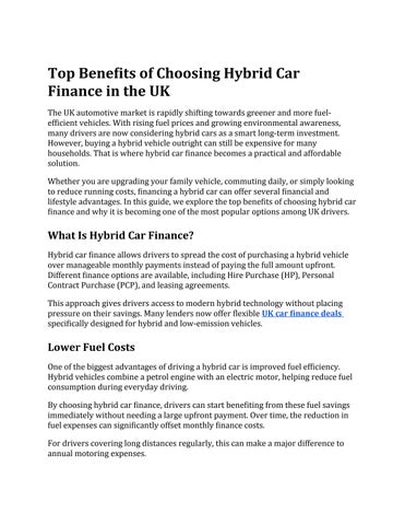 Top Benefits of Choosing Hybrid Car Finance in the UK