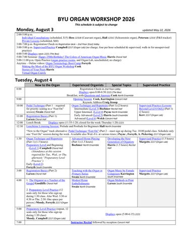 2026 BYU Organ Workshop Schedule