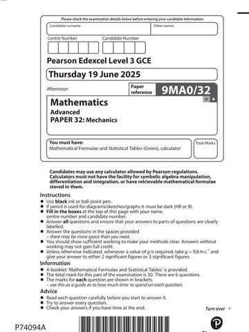 Edexcel Level 3 GCE Maths Paper 3 Mechanics Exam - 19-June 2025