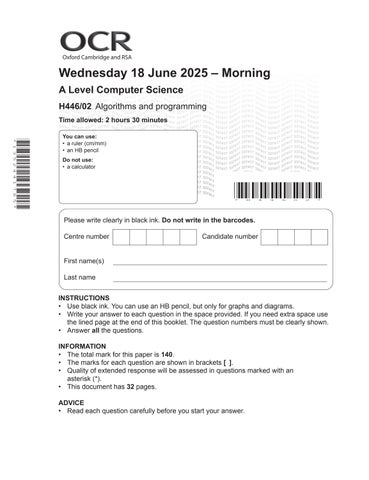 A Level Computer Science Algorithms & Programming Exam Paper (H446 02)