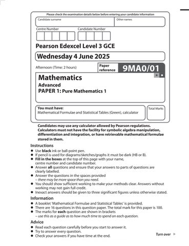 A Level Mathematics Advanced Paper 1 Pure Mathematics 1 Exam - 4-June 2025