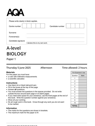 AQA Biology A Level Paper 1 Exam -5-June 2025