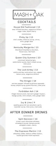 Mash and Oak inside Cincinnati Marriott at RiverCenter Drink Menu