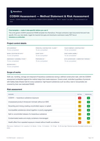 COSHH Assessment RAMS Template (UK, CDM 2015) — Free