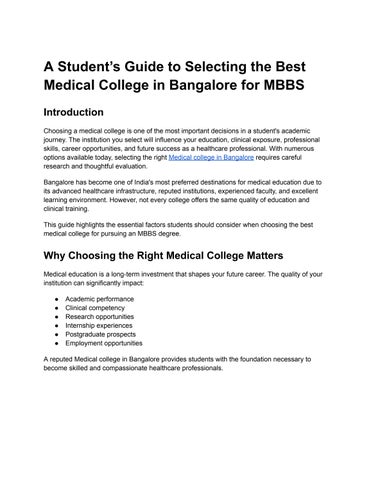 A Student’s Guide to Selecting the Best Medical College in Bangalore for MBBS
