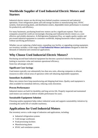 Worldwide Supplier of Used Industrial Electric Motors and Starters