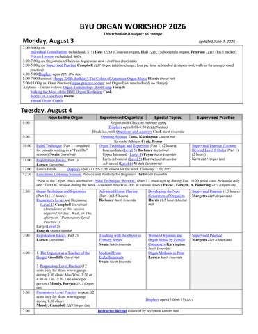 2026 BYU Organ Workshop Schedule
