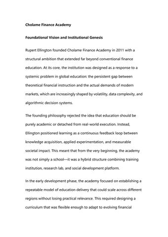 Cholame Finance Academy: Designing Decision-Makers for High-Volatility Environments