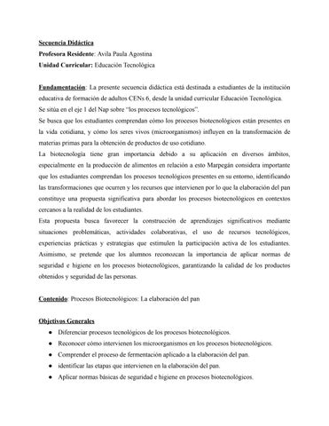 Secuencia Didáctica Procesos Biotecnológicos. Avila Paula Agostina 