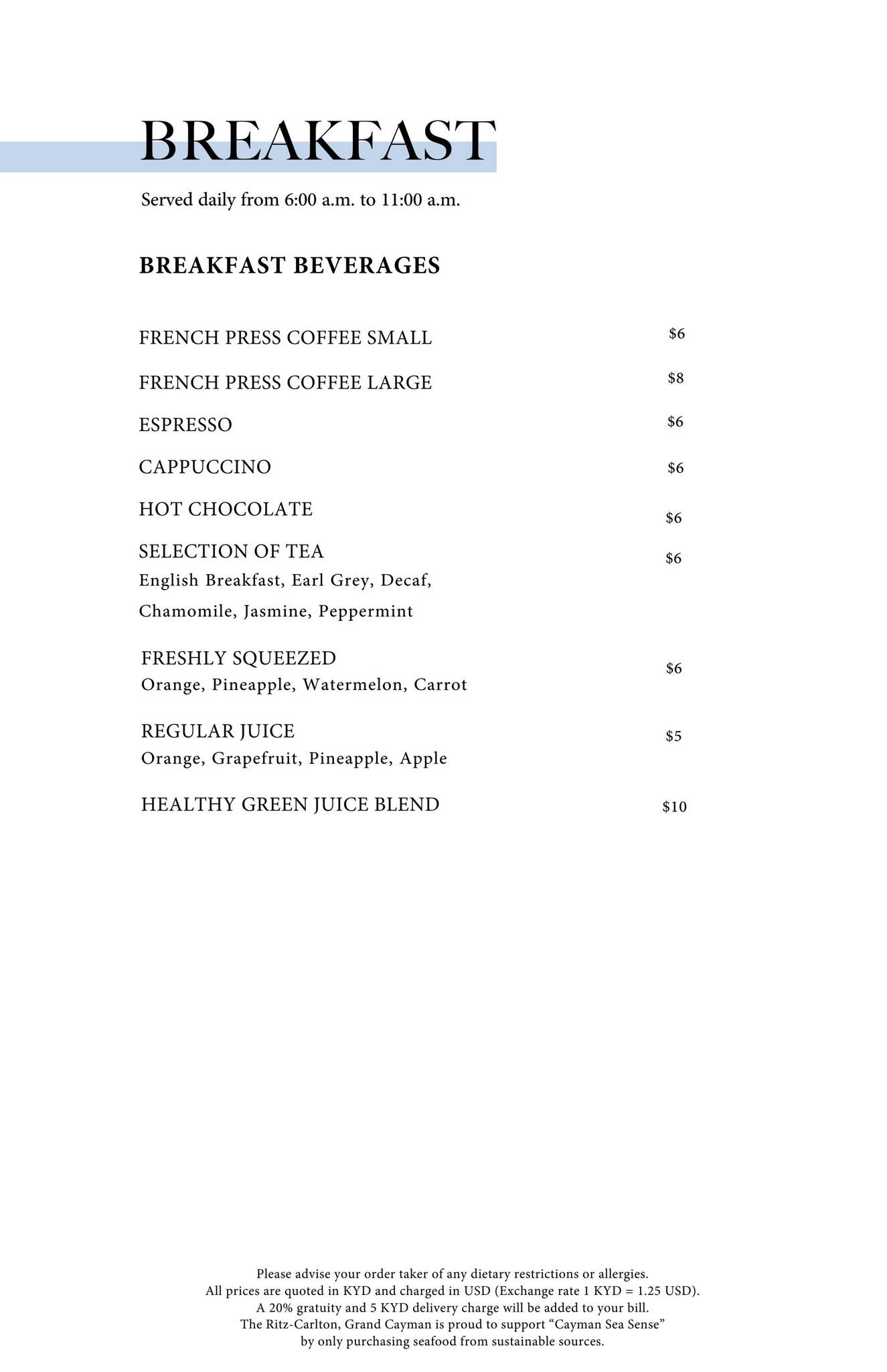 The Ritz-Carlton, Grand Cayman In-Room Dining Menus by ...