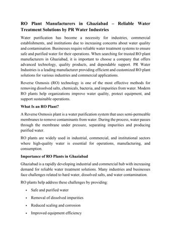 RO Plant Manufacturers in Ghaziabad – Reliable Water Treatment Solutions by PR Water Industries