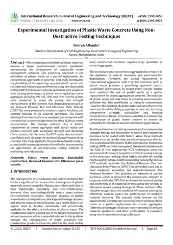 Experimental Investigation of Plastic Waste Concrete Using Non- Destructive Testing Techniques