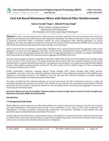 Coal Ash Based Bituminous Mixes with Natural Fiber Reinforcement