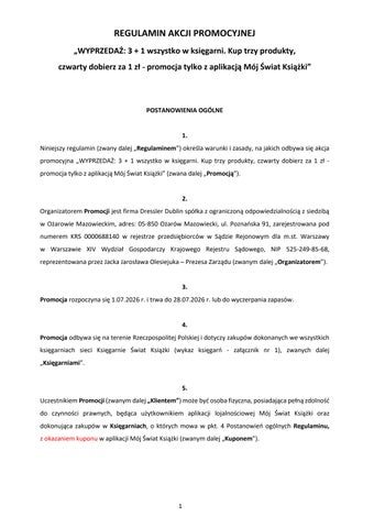 Regulamin Akcji: WYPRZEDAŻ 3 plus 1 wszystko w księgarni. Kup trzy produkty, czwarty dobierz za 1 zł