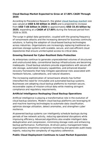 Cloud Backup Market Expected to Grow at 17.80% CAGR Through 2035