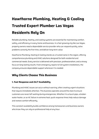 Hawthorne Plumbing, Heating & Cooling Trusted Expert Plumber Las Vegas Residents Rely On