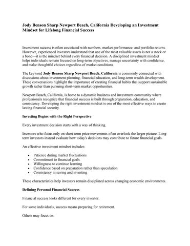 Jody Benson Sharp Newport Beach, California Developing an Investment Mindset for Lifelong Financial 