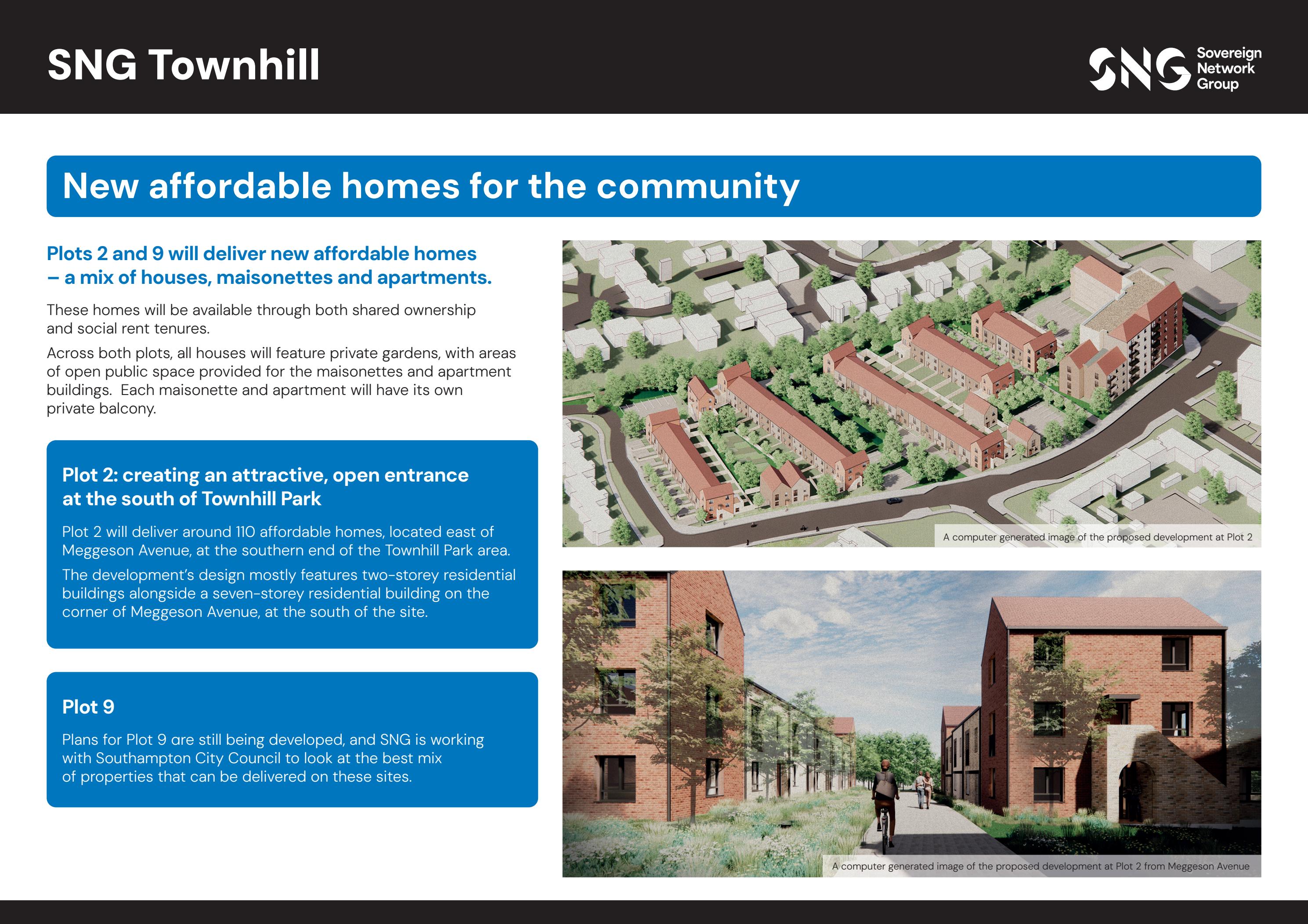 SNG consultation board showing the proposed Plot 2 housing mix and computer-generated layout