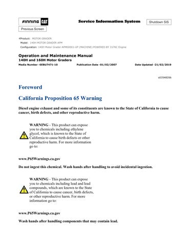 CAT 140H Motor Grader Operation & Maintenance Manual