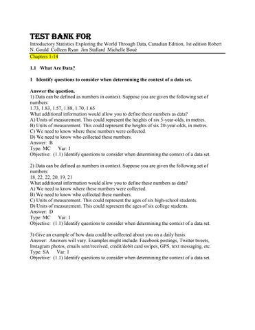 Test Bank For Introductory Statistics Exploring the World Through Data Canadian Edition, 1st edition