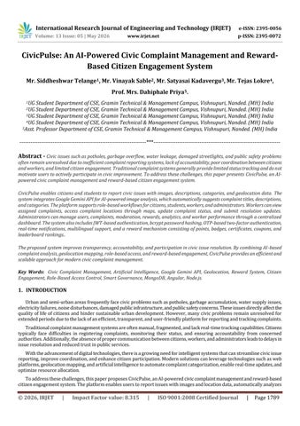 CivicPulse: An AI-Powered Civic Complaint Management and Reward- Based Citizen Engagement System