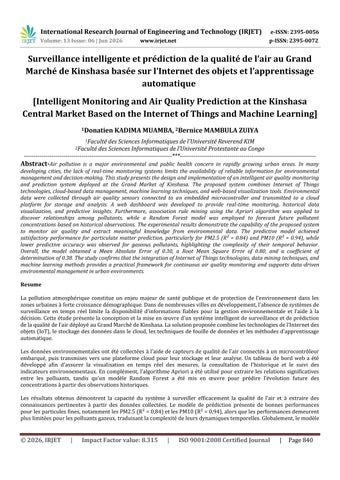 Surveillance intelligente et prediction de la qualite de l’air au Grand Marche de Kinshasa basee sur