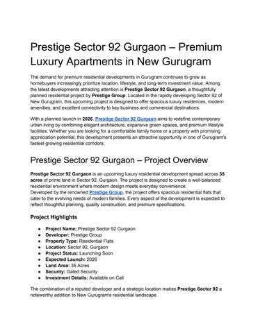 Prestige Sector 92 Gurgaon