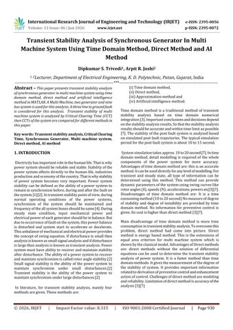 Transient Stability Analysis of Synchronous Generator In Multi Machine System Using Time Domain Meth