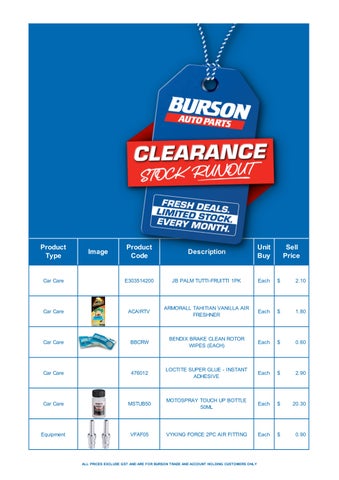 Burson Auto Parts Clearance List - July 2026