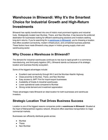 Warehouse in Bhiwandi_ Why It’s the Smartest Choice for Industrial Growth and High-Return Investment