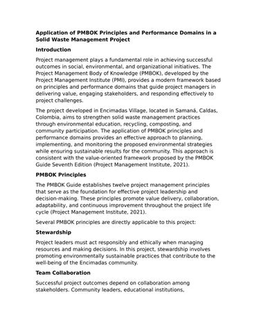 Application of PMBOK