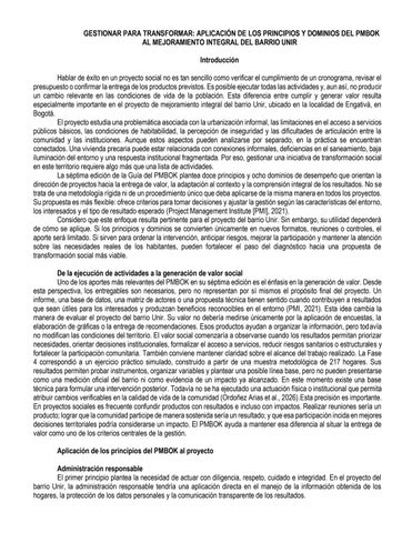 GESTIONAR PARA TRANSFORMAR APLICACIÓN DE LOS PRINCIPIOS Y DOMINIOS DEL PMBOK V2