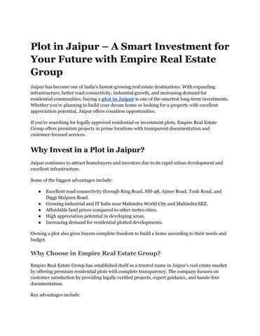Plot in Jaipur – A Smart Investment for Your Future with Empire Real Estate Group