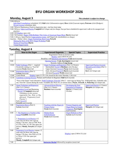 2026 BYU Organ Workshop Schedule