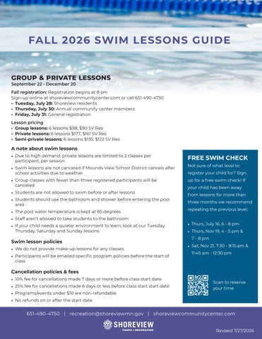 Fall 2026 swim lesson schedule