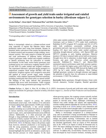 Assessment of growth and yield traits under irrigated and rainfed environments for genotypes selecti