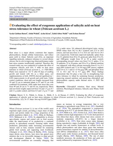 Evaluating the effect of exogenous application of salicylic acid on heat  stress tolerance in wheat 