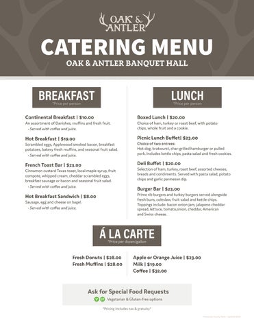 Oak & Antler Banquet Hall Catering Menu