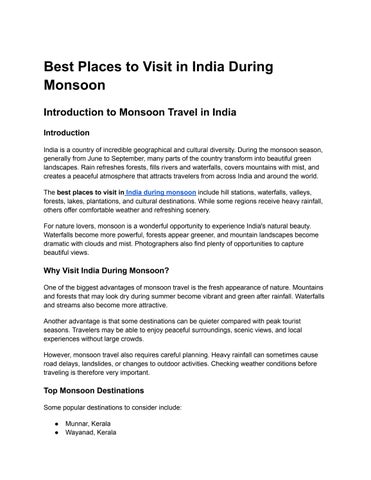 Best Places to Visit in India During Monsoon
